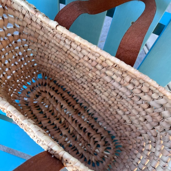 Vintage 90s straw wicker rattan leather tote bag purse beach bag boho bohemian - Picture 4 of 7